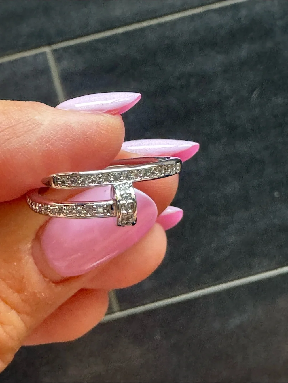 Brass Silver Tone Plate Cubic Zirconia Pave Nail Bypass Ring